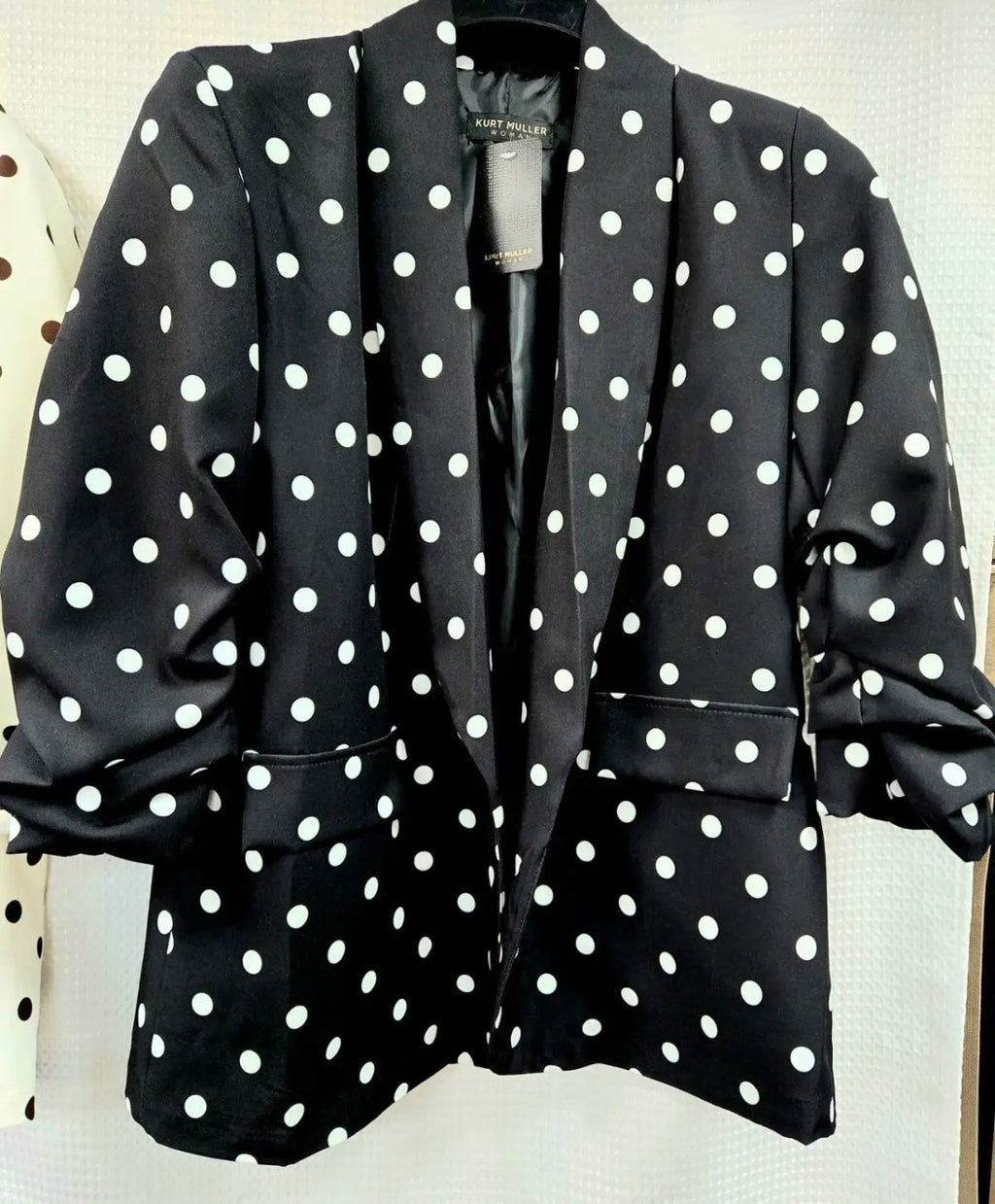 Polka Dot Ruched Sleeve Blazer