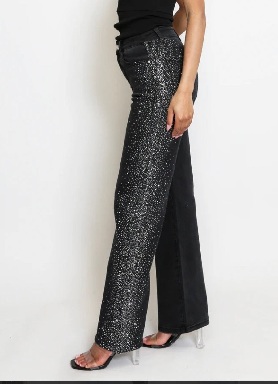 Black Diamanté Sides Embellished Wide Fit Jeans