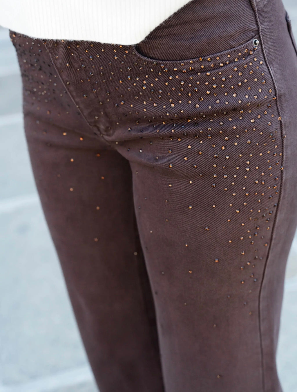 Brown Wide Leg Rhinestone Jeans