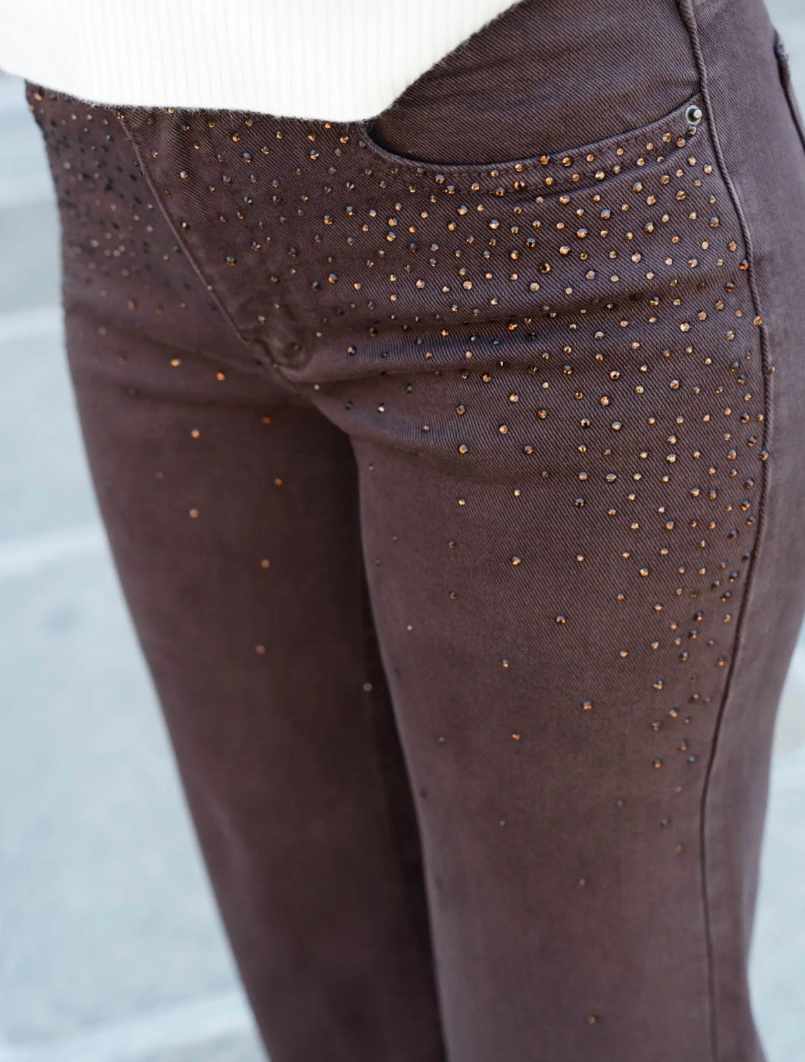 Brown Wide Leg Rhinestone Jeans
