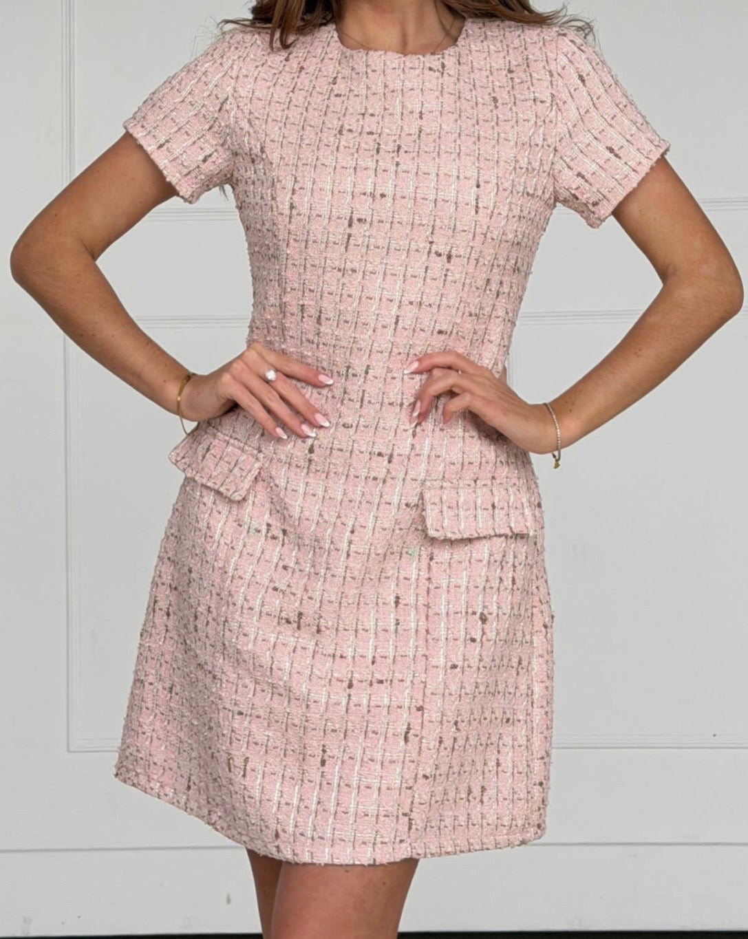 Pink Tweed Short Sleeve Mini Dress