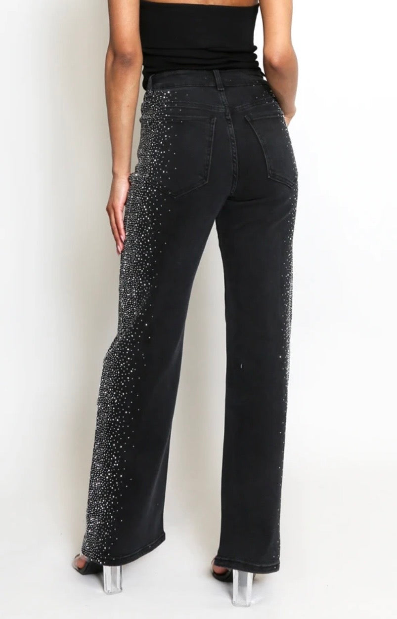Black Diamanté Sides Embellished Wide Fit Jeans
