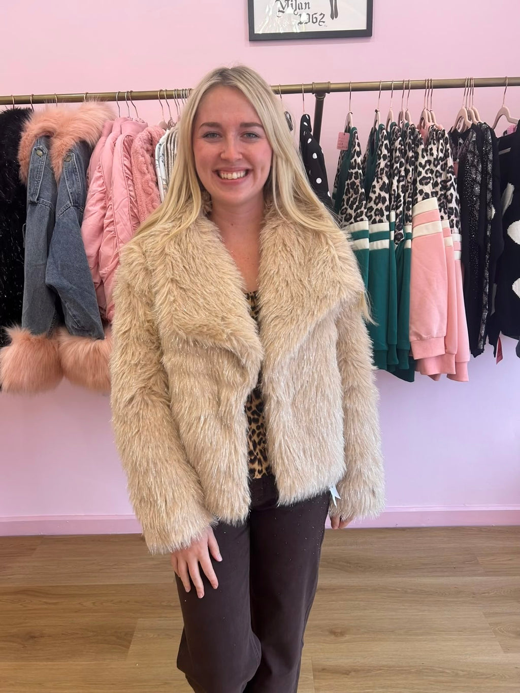Beige Faux Fur Glittery Coat
