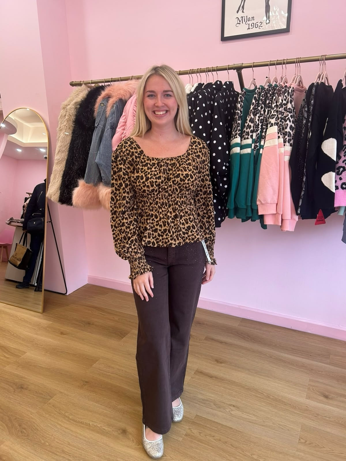 Brown Wide Leg Rhinestone Jeans