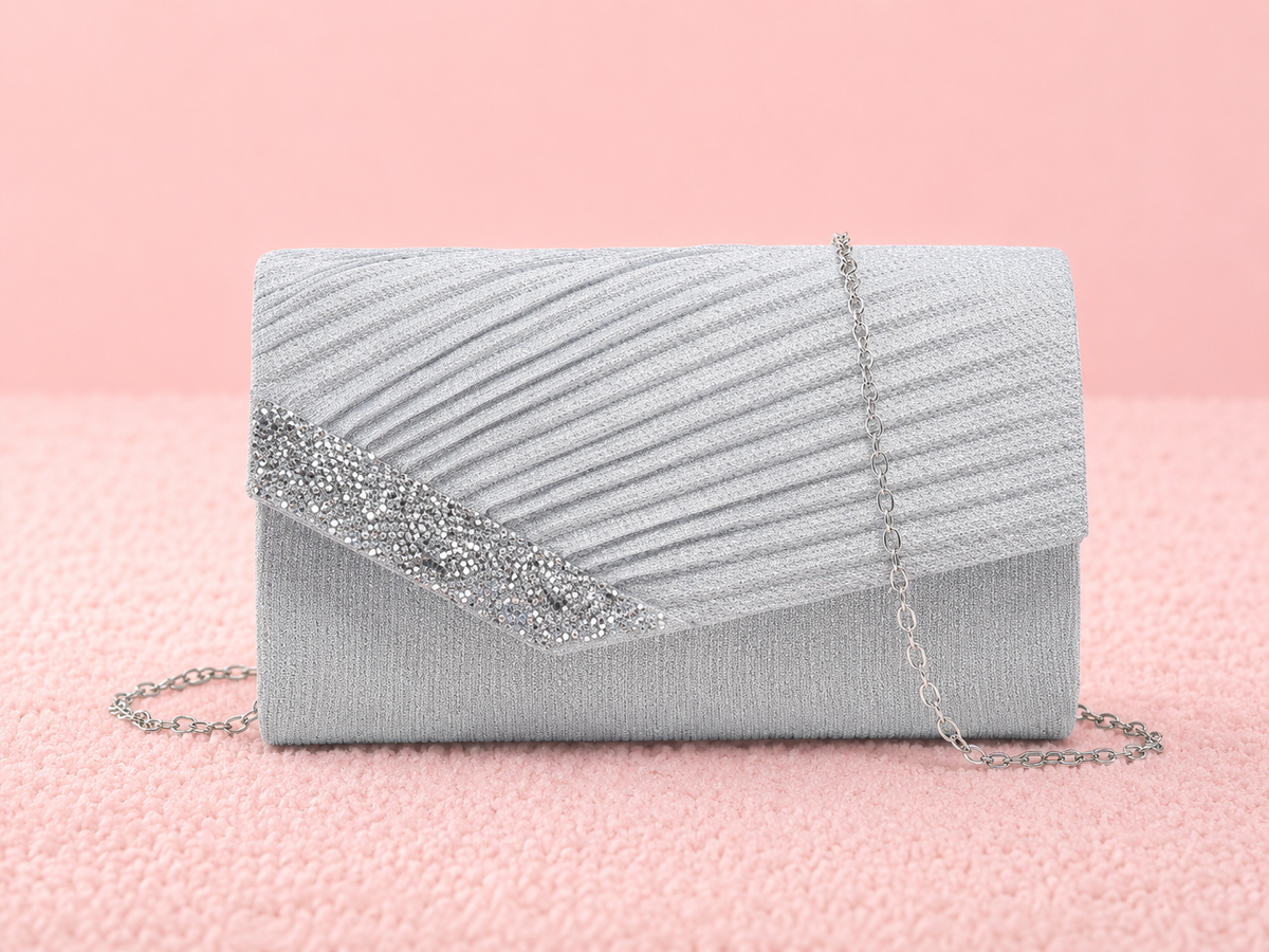 Pleated diamanté glitter clutch bag