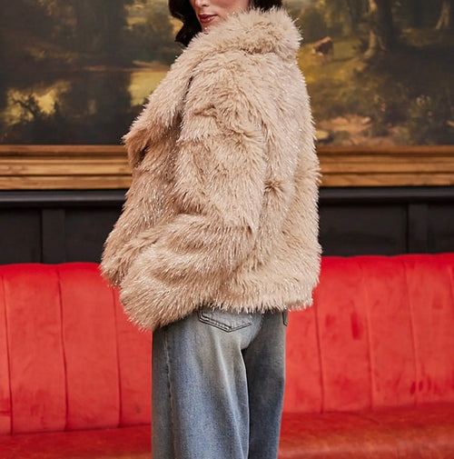 Beige Faux Fur Glittery Coat