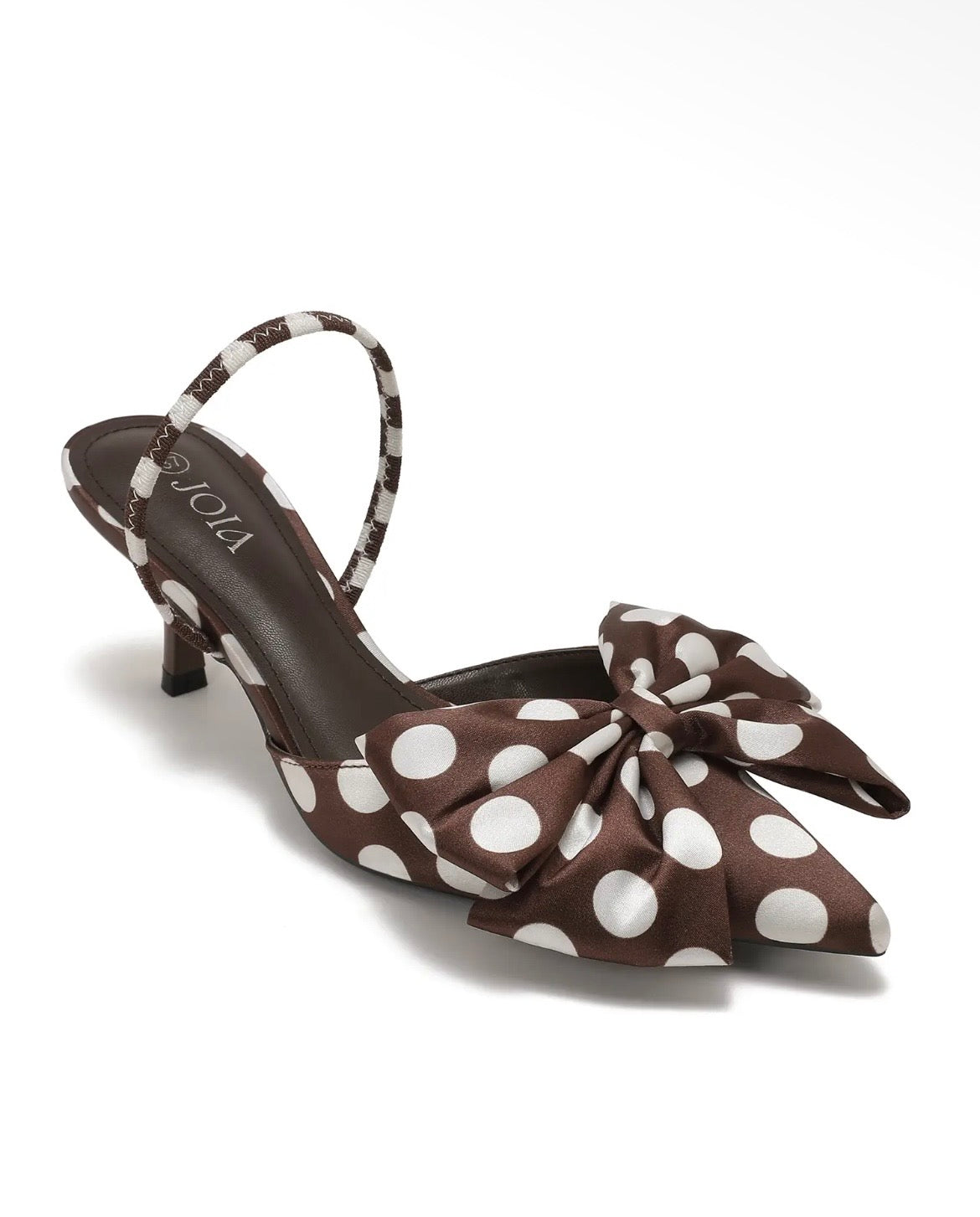 Brown and White Polka Dot Slingback Bow Kitten Heels