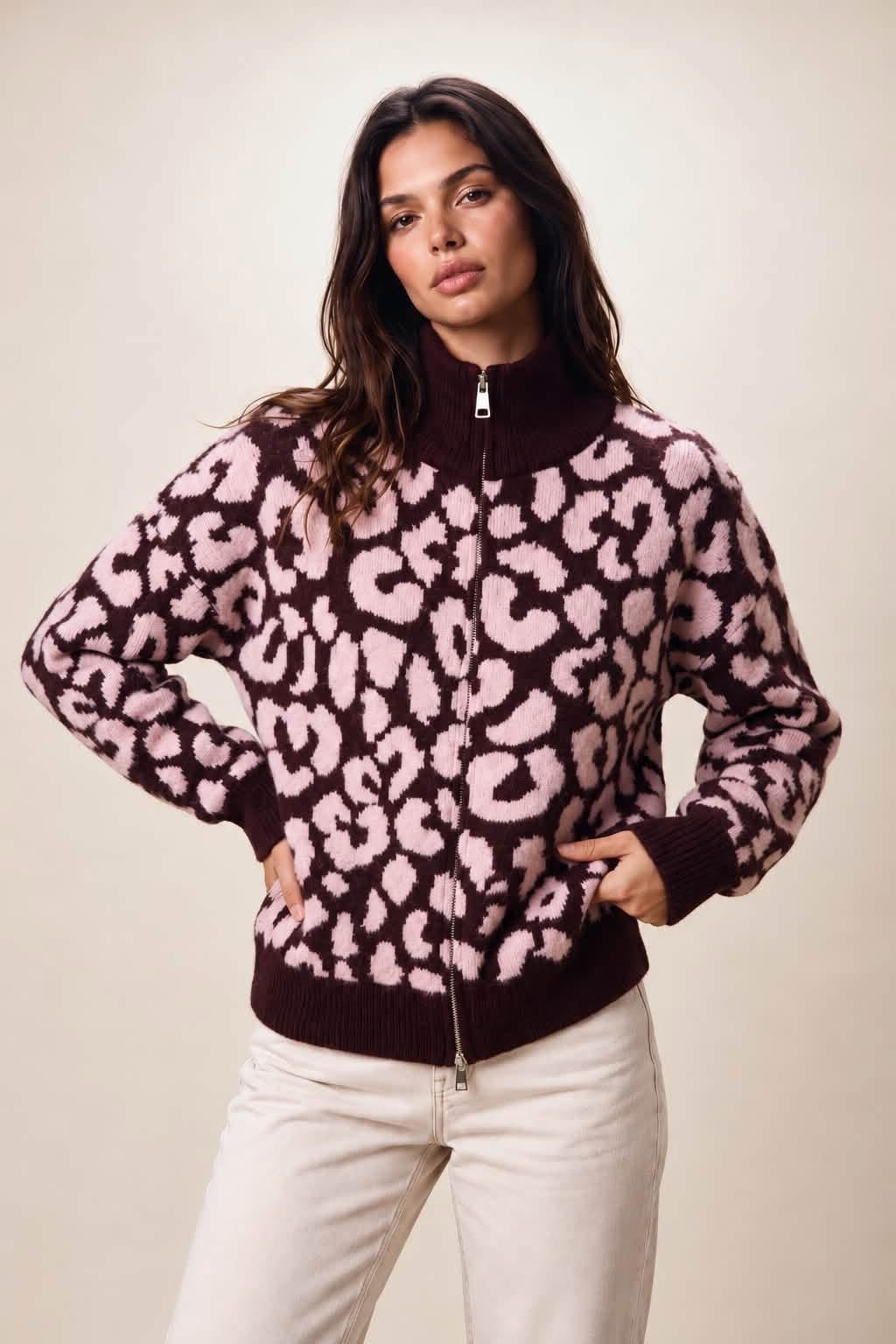 Leopard Print Full Zip Knit Cardigans