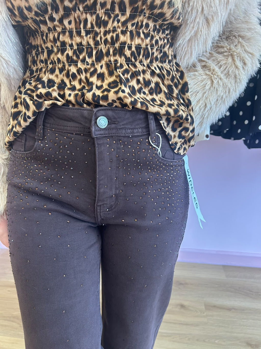 Brown Wide Leg Rhinestone Jeans