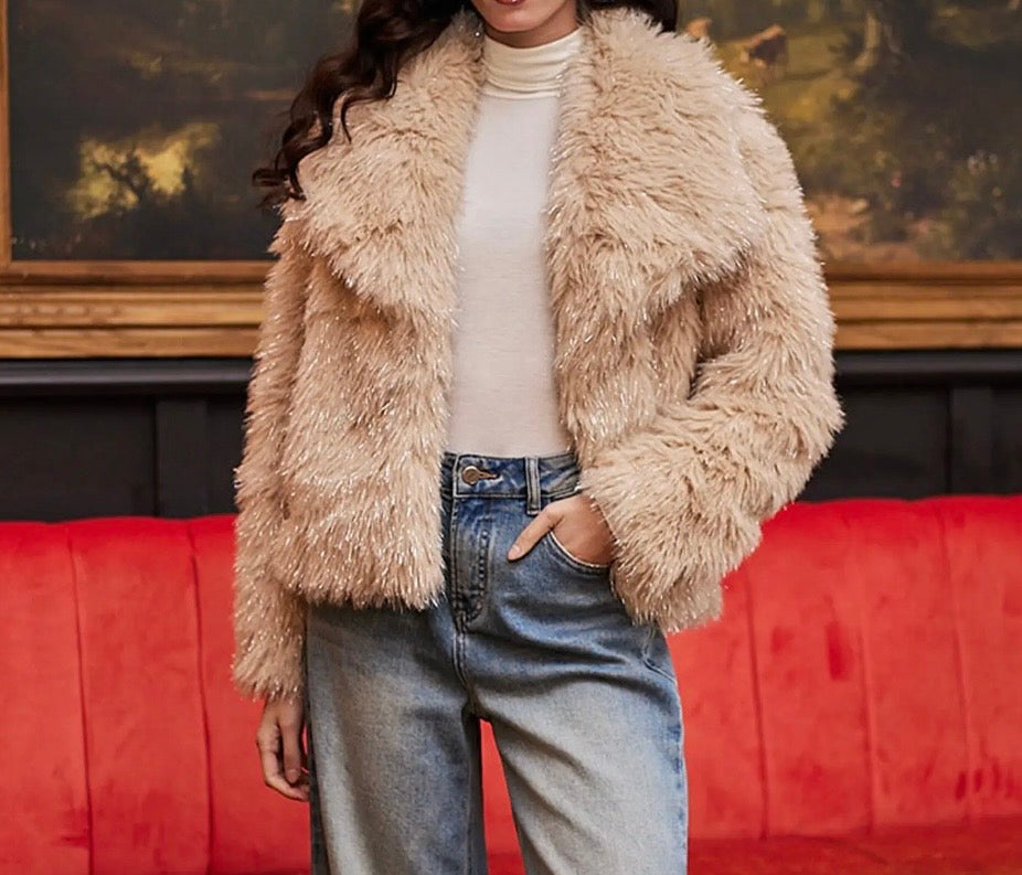 Beige Faux Fur Glittery Coat