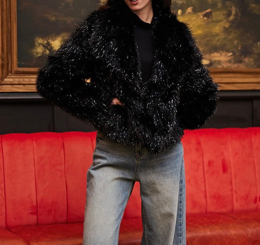 Black Faux Fur Glittery Coat