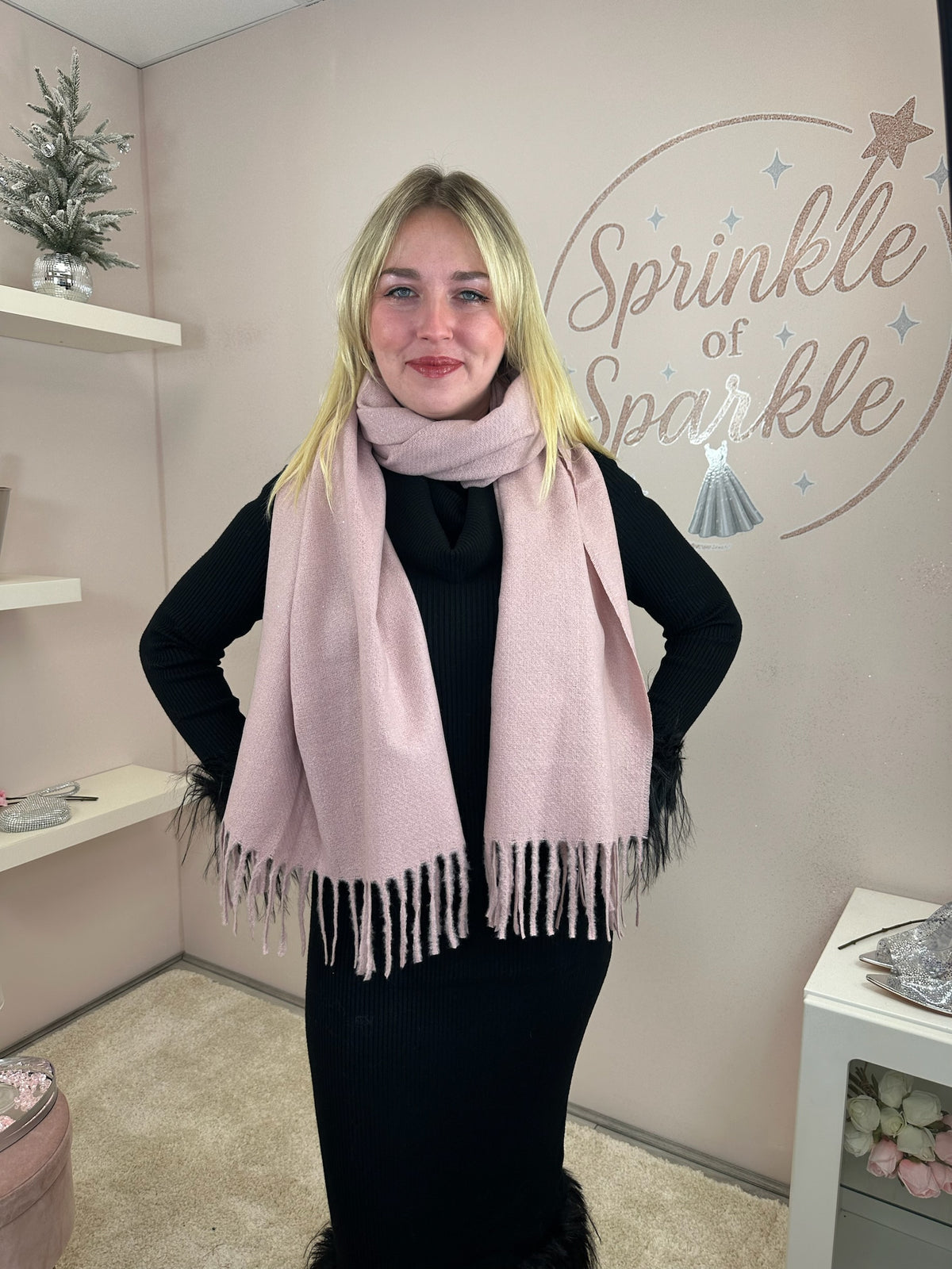Pink sparkly tassel scarf