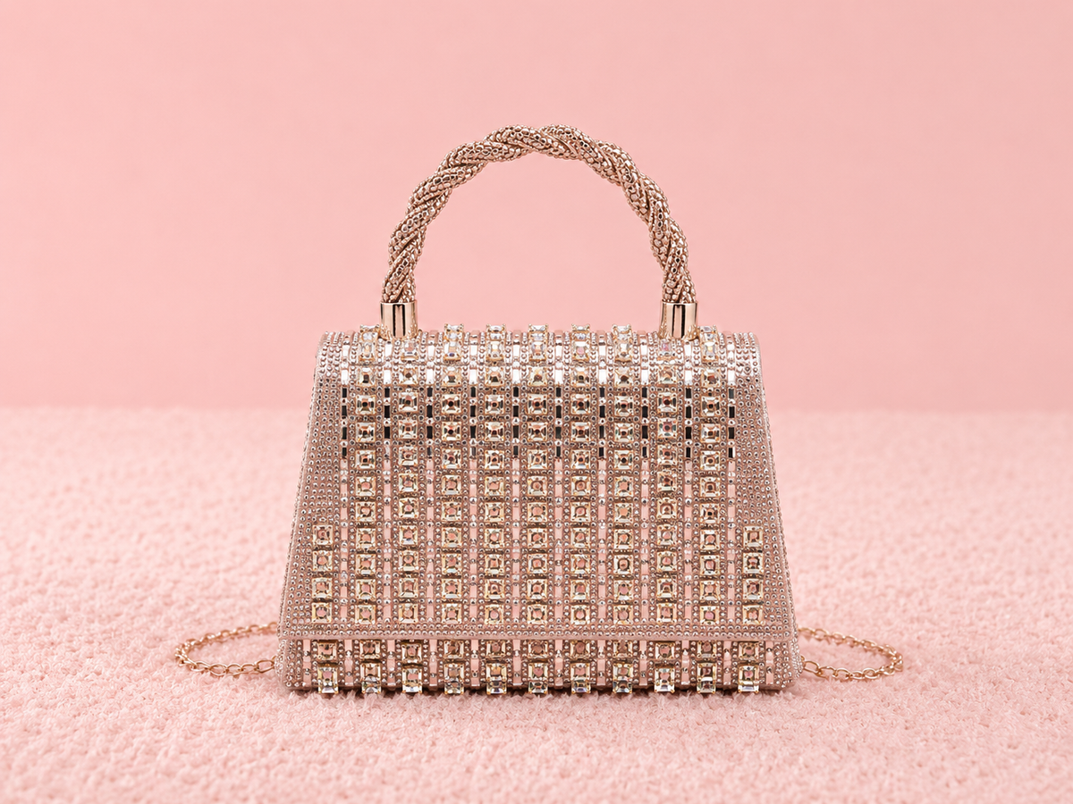 Flap twist handle trapezoid double side diamanté bag