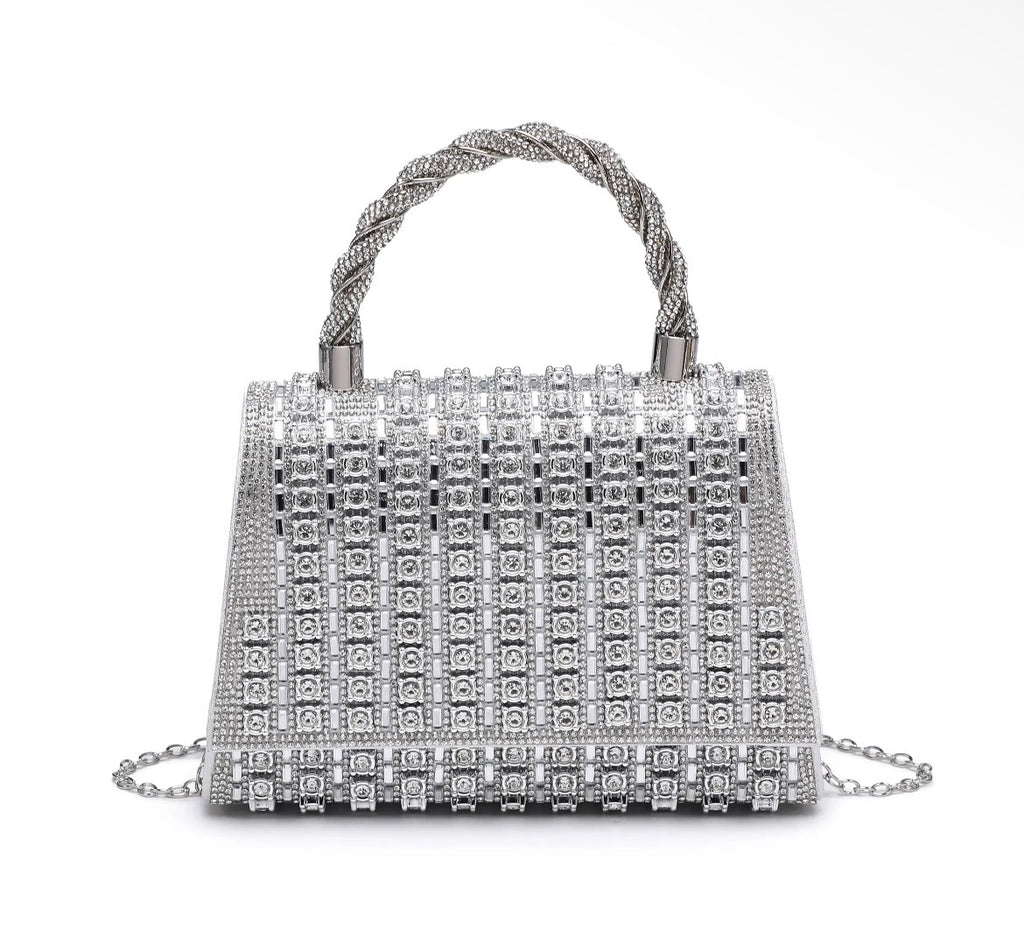 Flap twist handle trapezoid double side diamanté bag