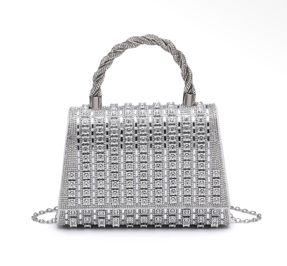 Flap twist handle trapezoid double side diamanté bag