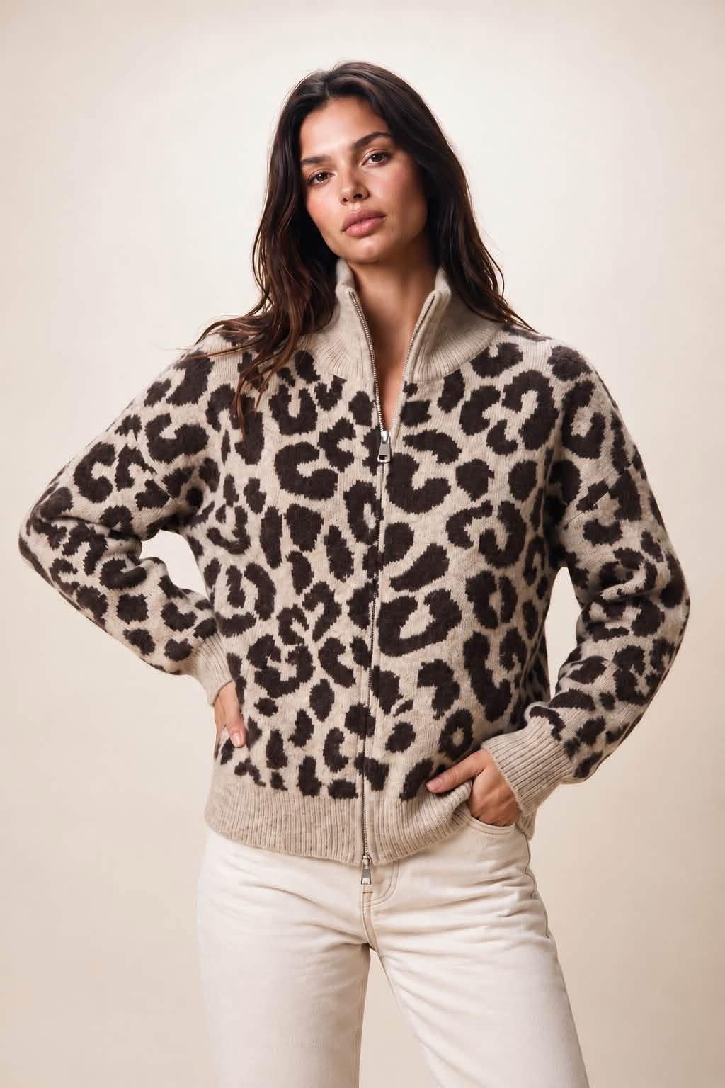 Leopard Print Full Zip Knit Cardigans