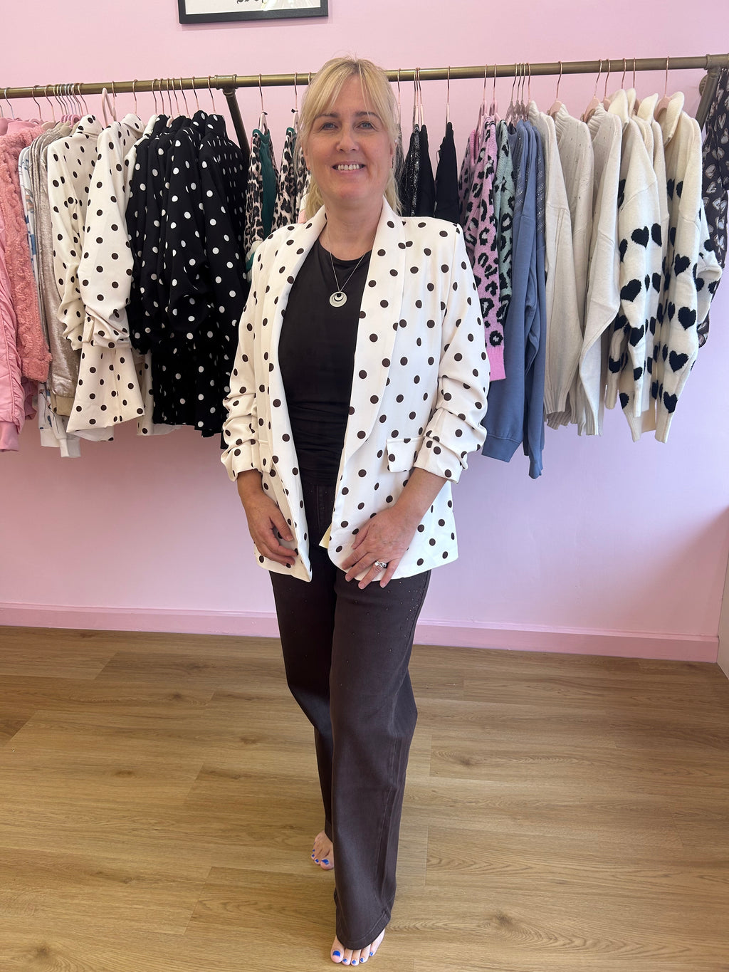 Polka Dot Ruched Sleeve Blazer