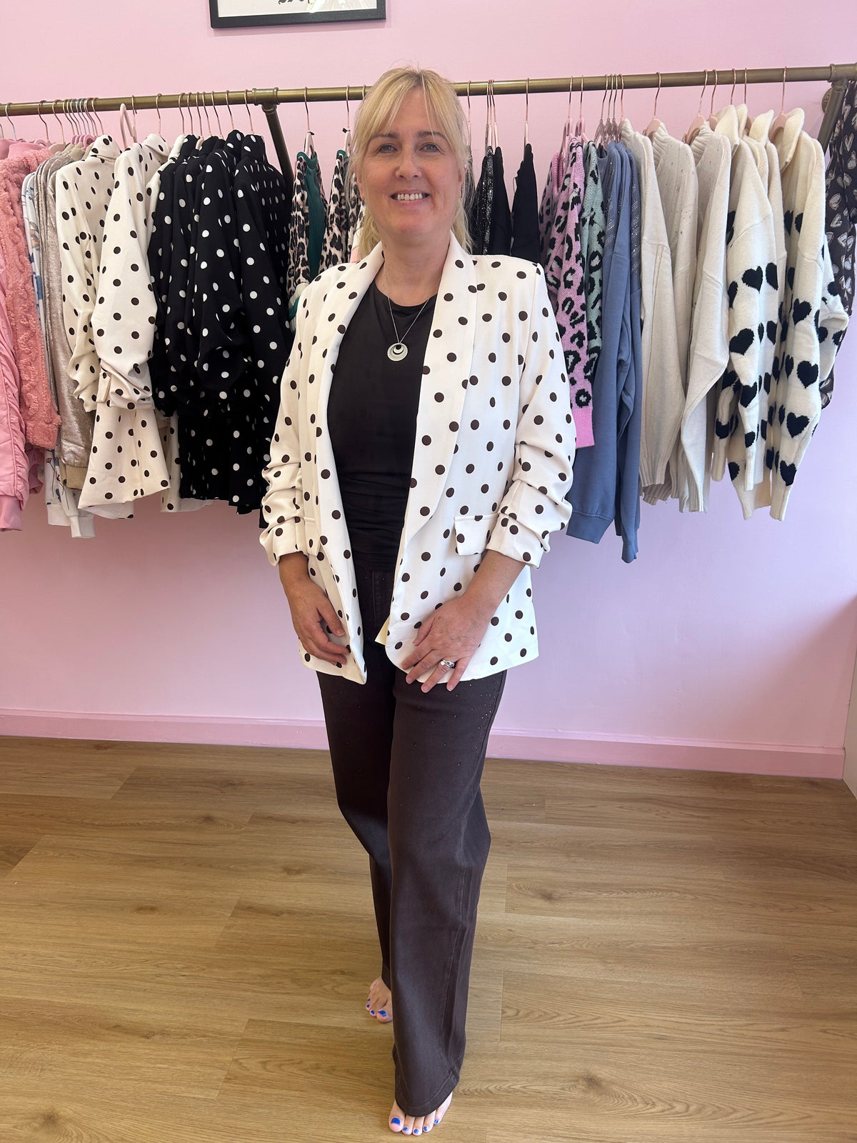 Polka Dot Ruched Sleeve Blazer