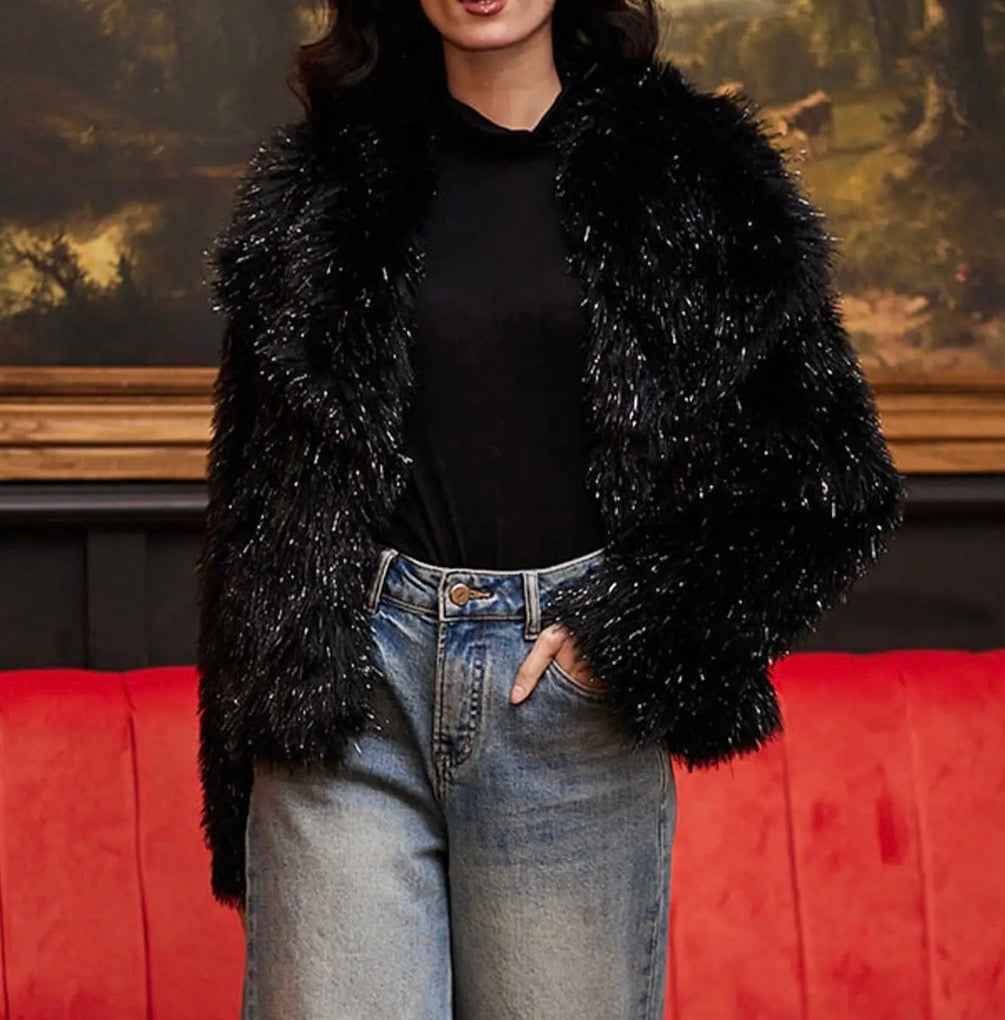 Black Faux Fur Glittery Coat