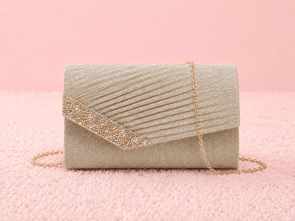 Pleated diamanté glitter clutch bag