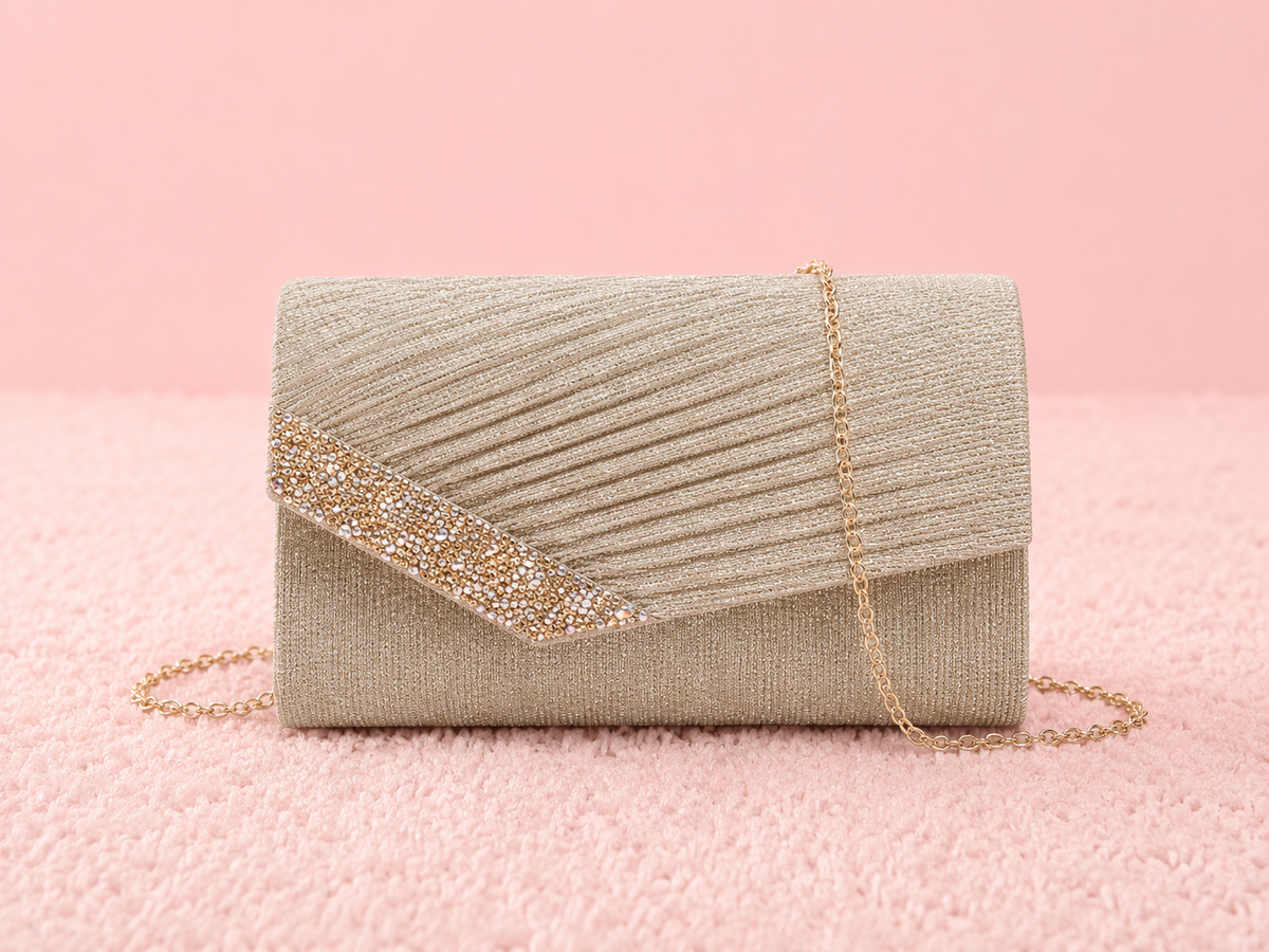Pleated diamanté glitter clutch bag