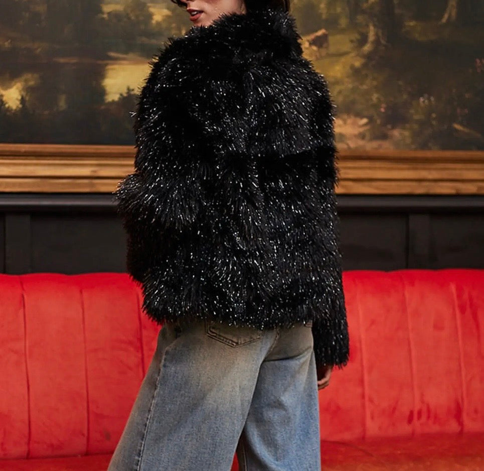 Black Faux Fur Glittery Coat