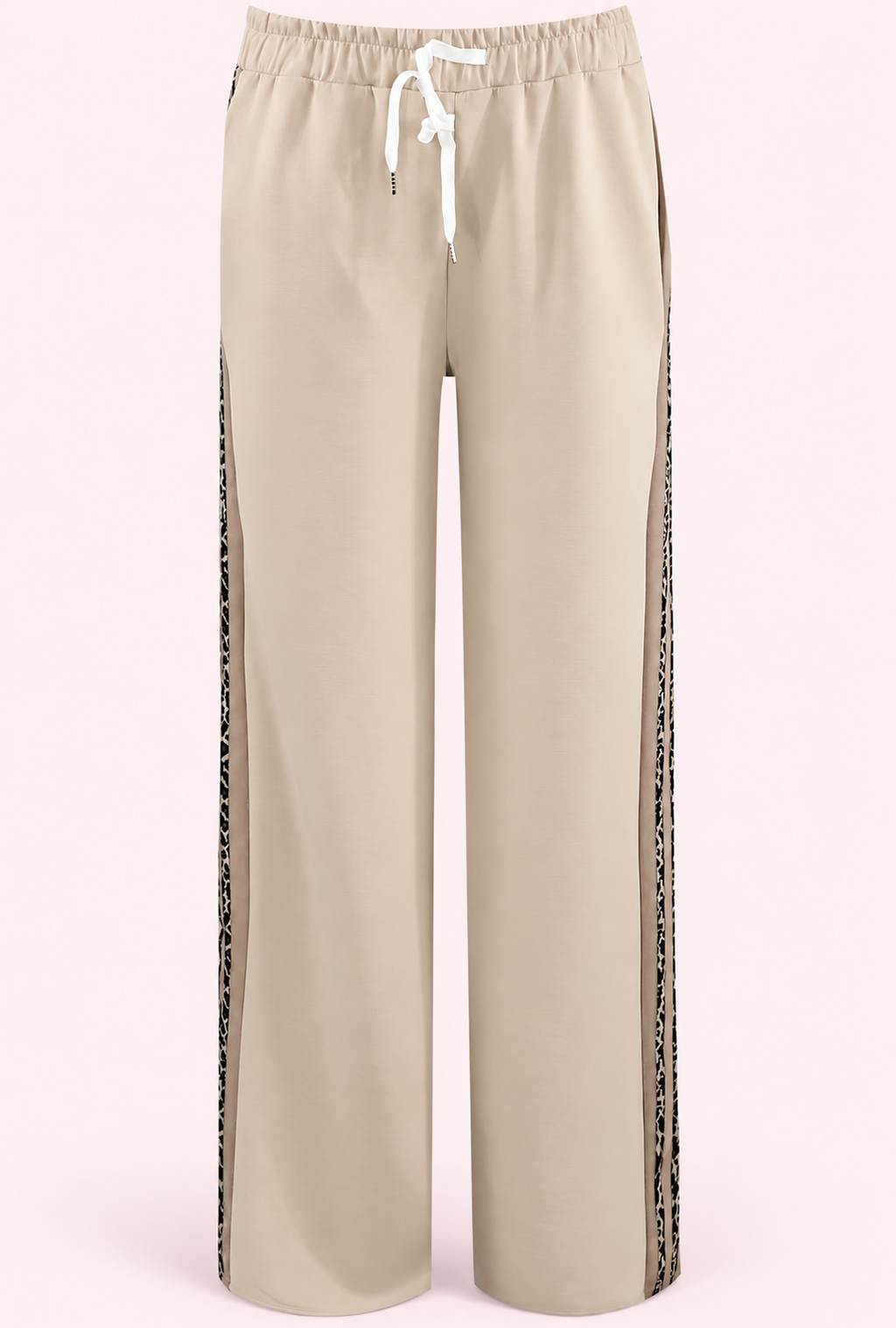 Beige Side Leopard Striped Pannel Joggers