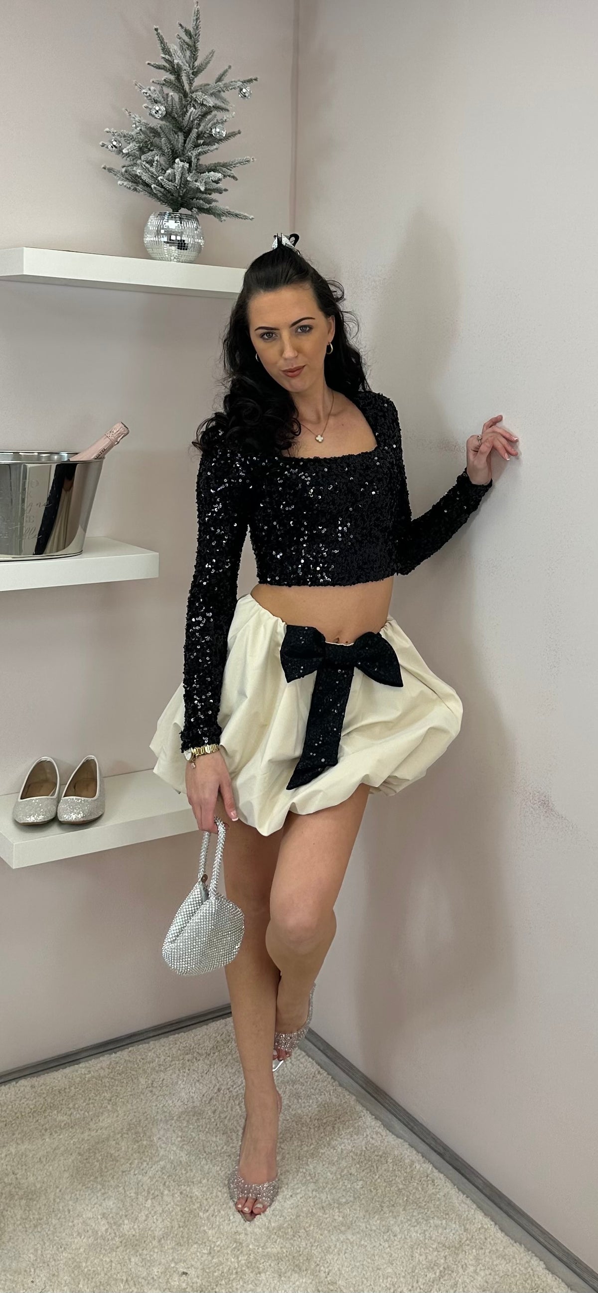 Black & Beige Sequin Bow Puff Ball Mini Skirt