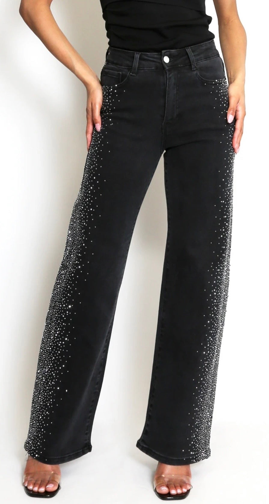 Black Diamanté Sides Embellished Wide Fit Jeans