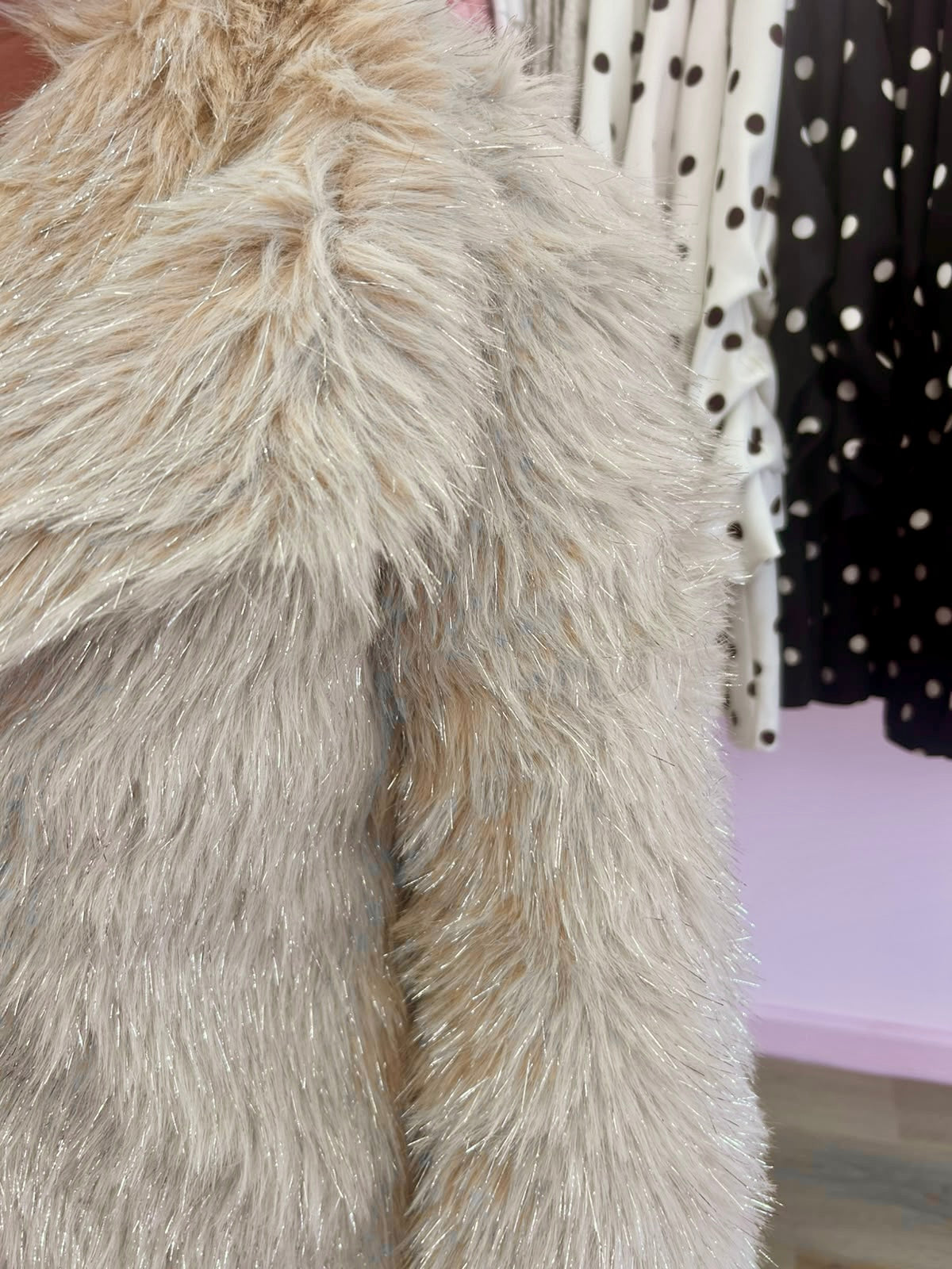 Beige Faux Fur Glittery Coat