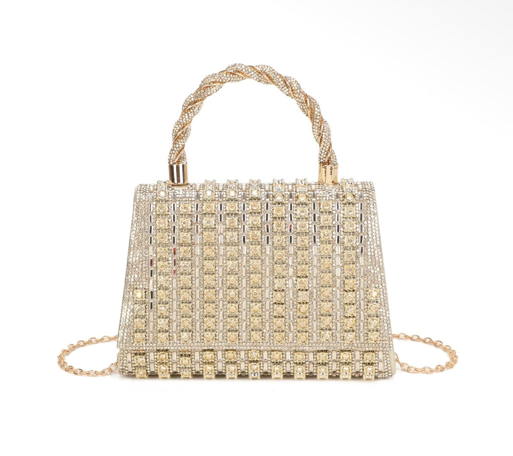 Flap twist handle trapezoid double side diamanté bag