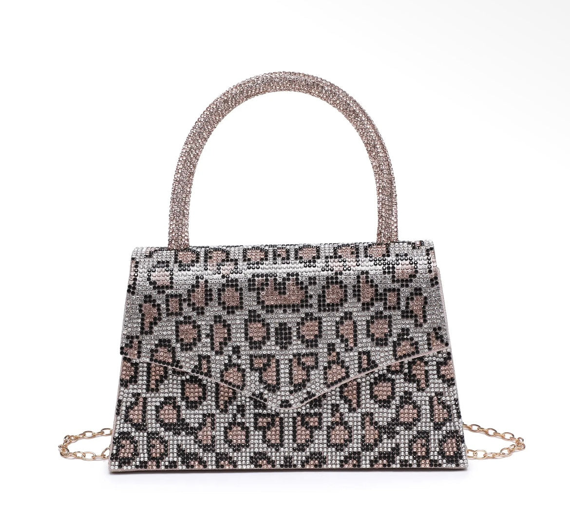 Champagne Leopard Print Trapezoid Single Side Diamante Bag